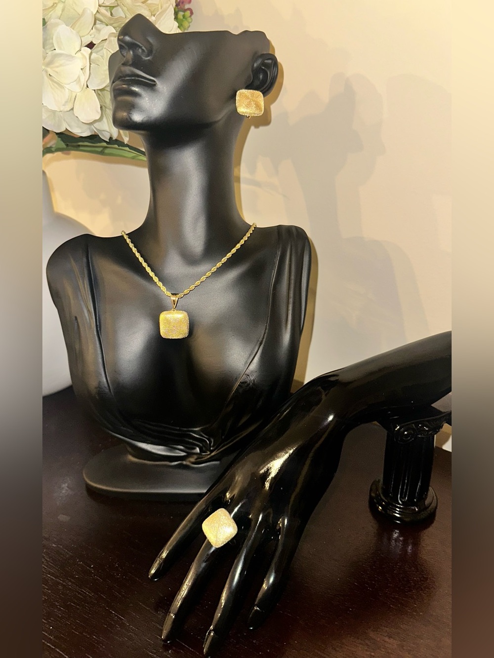 Gold Square Pendant Necklace, Earrings & Ring Set - Women Jewelry